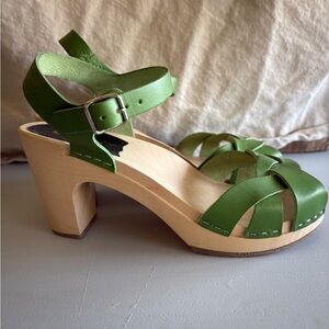 Green Leather Strappy Swedish Hasbeens Sandals with Wooden Heel